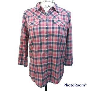Wrangler Pink Blue Plaid Pearl Button Snap Western  Button Up M